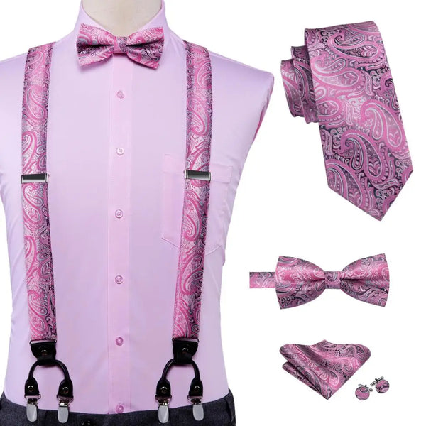 Set complet Bretelles Nœud Papillon et Cravates Rose Paisley