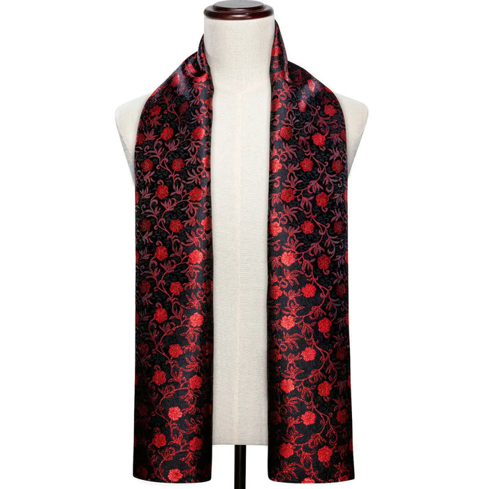 Foulard en Soie Noir à Fleurs Rouge