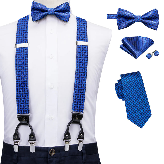 Set complet Bretelles Nœud Papillon et Cravates Bleu à Carreaux