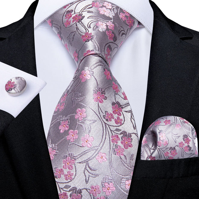 Cravate Rose Argentée à Fleurs