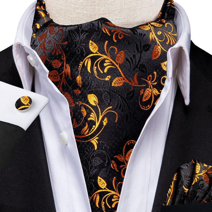 Cravate Ascot Noir et Fleurs Jaune