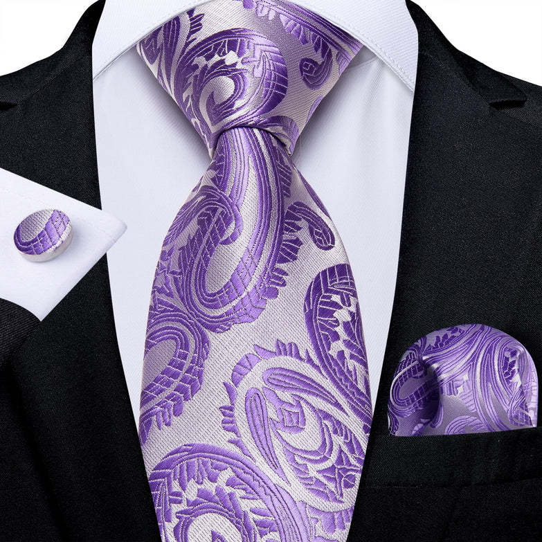 Cravate Blanche et Violette Motifs Paisley