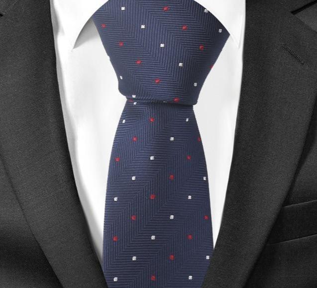 Cravate Slim Bleu Foncé à Pois Rouge et Blanc - Cravate Prestige