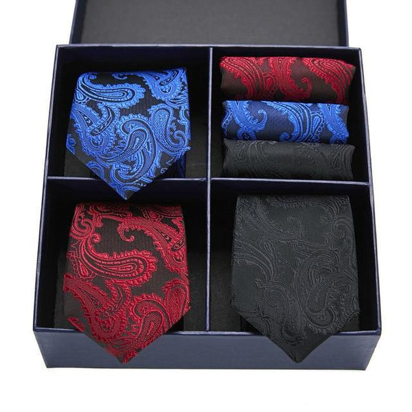 Coffret de Cravates Trio Motifs Baroque Bleu Rouge Noire - Cravate Prestige