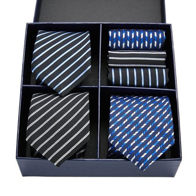 Coffret de Cravates Trio Rayée Noire et Bleu - Cravate Prestige